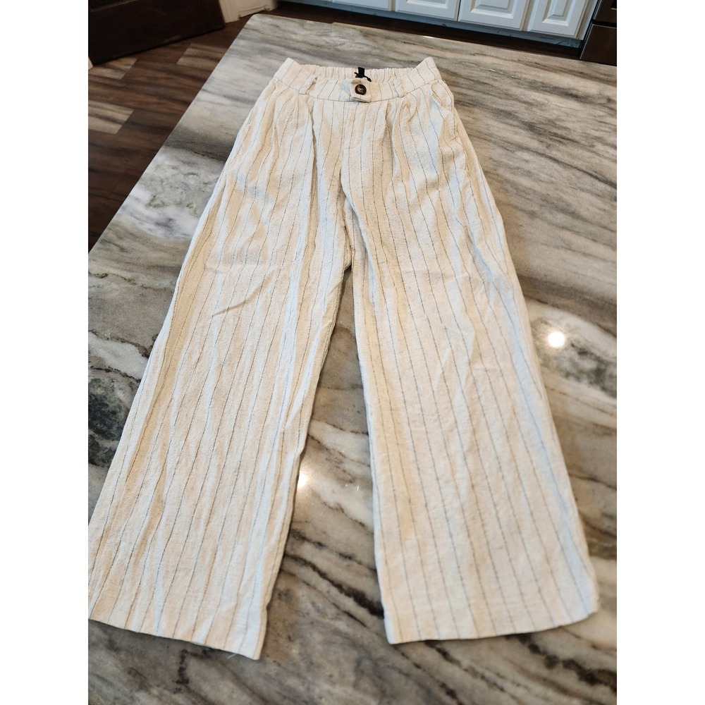 Tullia Wide Leg Dress Pants Womens Small Beige Striped Linen Blend Elastic Waist